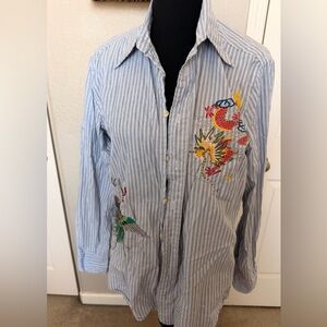Lucky Brand Blue Striped Casual Button Down Shirt with Embroidery